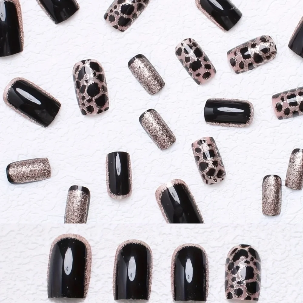 🔥3/$21 Leopard design Black with Gold Sparkle Press on nails